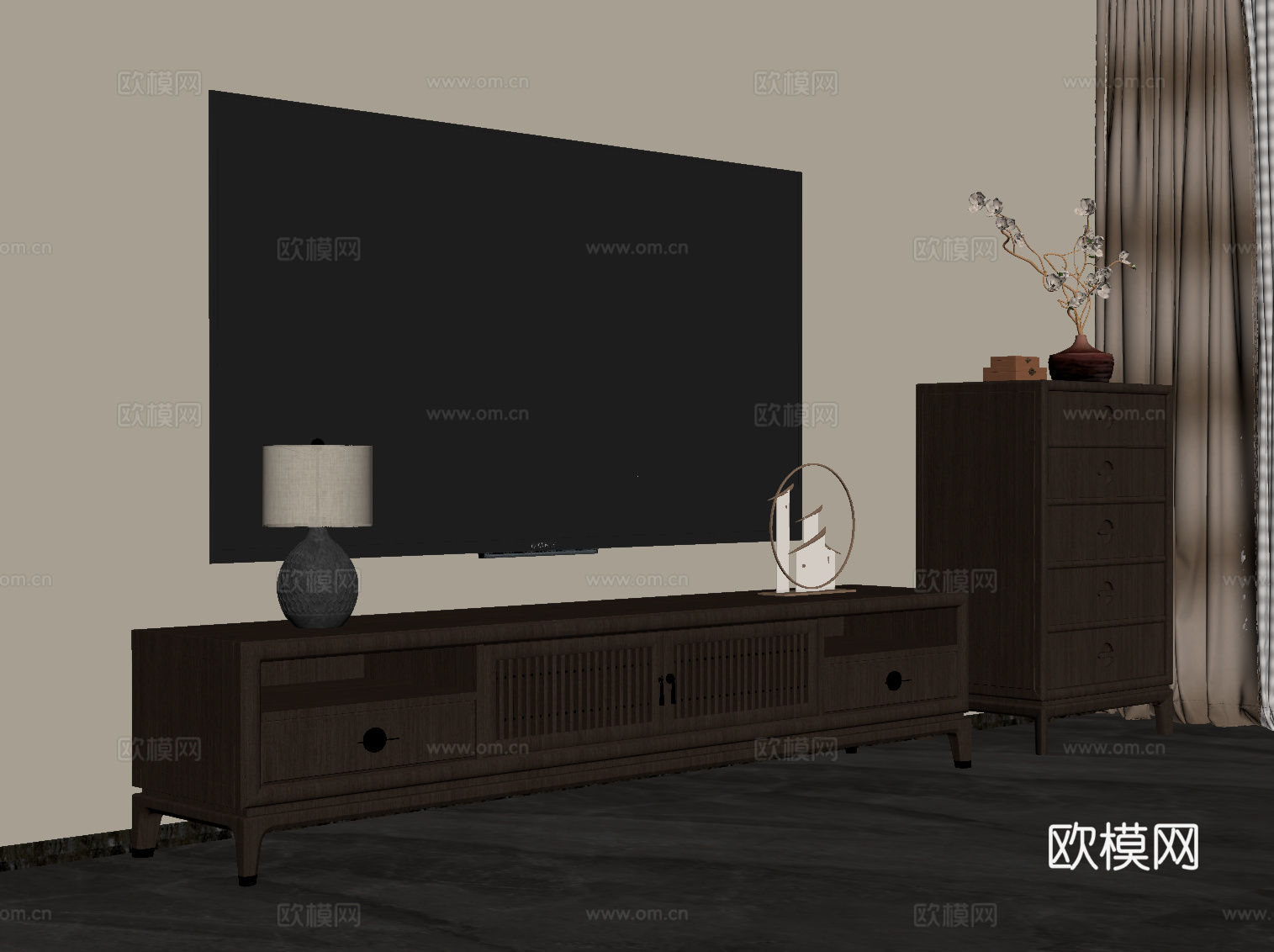 新中式电视柜 矮柜su模型