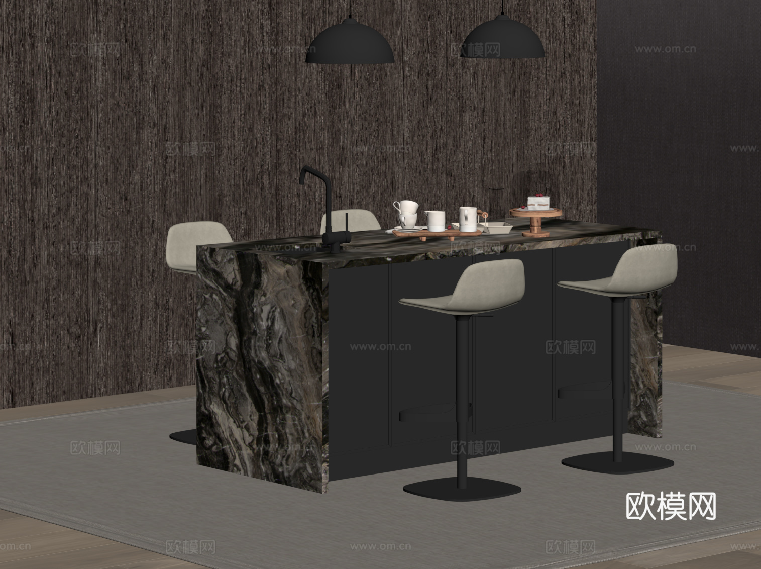 现代岛台 吧台 餐桌椅 吧凳su模型