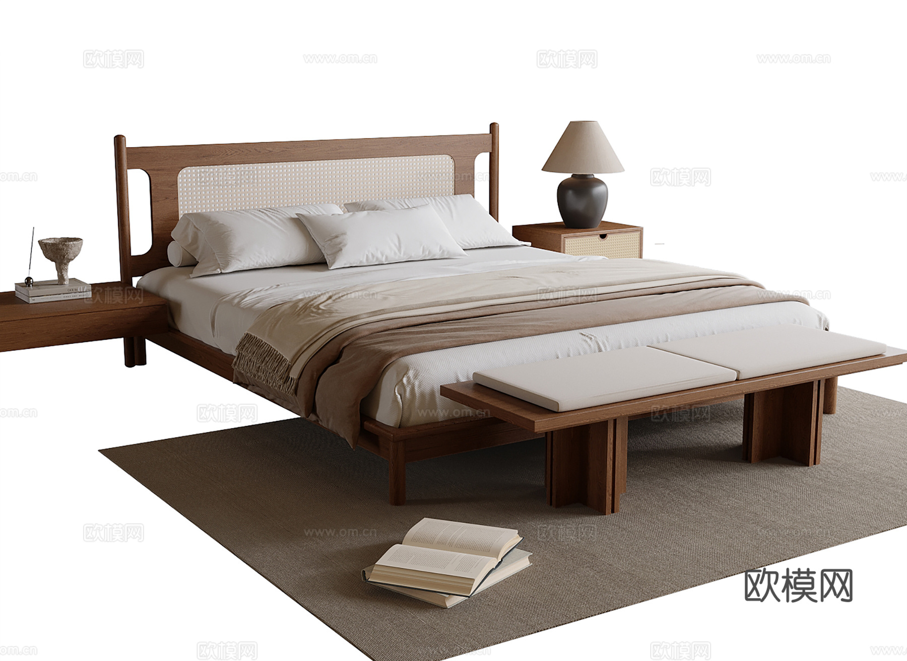 现代双人床 床尾凳 床头柜su模型