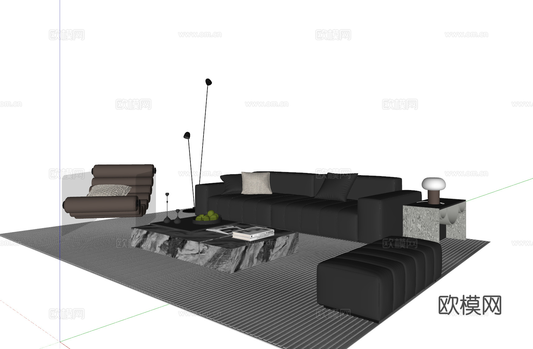 现代意式沙发茶几组合 多人沙发 皮质沙发 休闲椅 地毯su模型