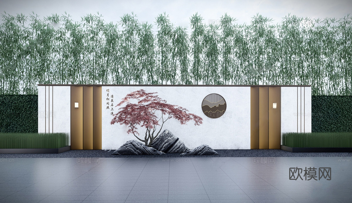 新中式景墙 庭院景墙 对景景墙su模型