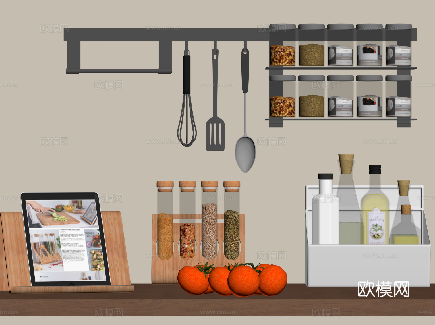 现代厨房摆件 厨具 调味料 置物架su模型