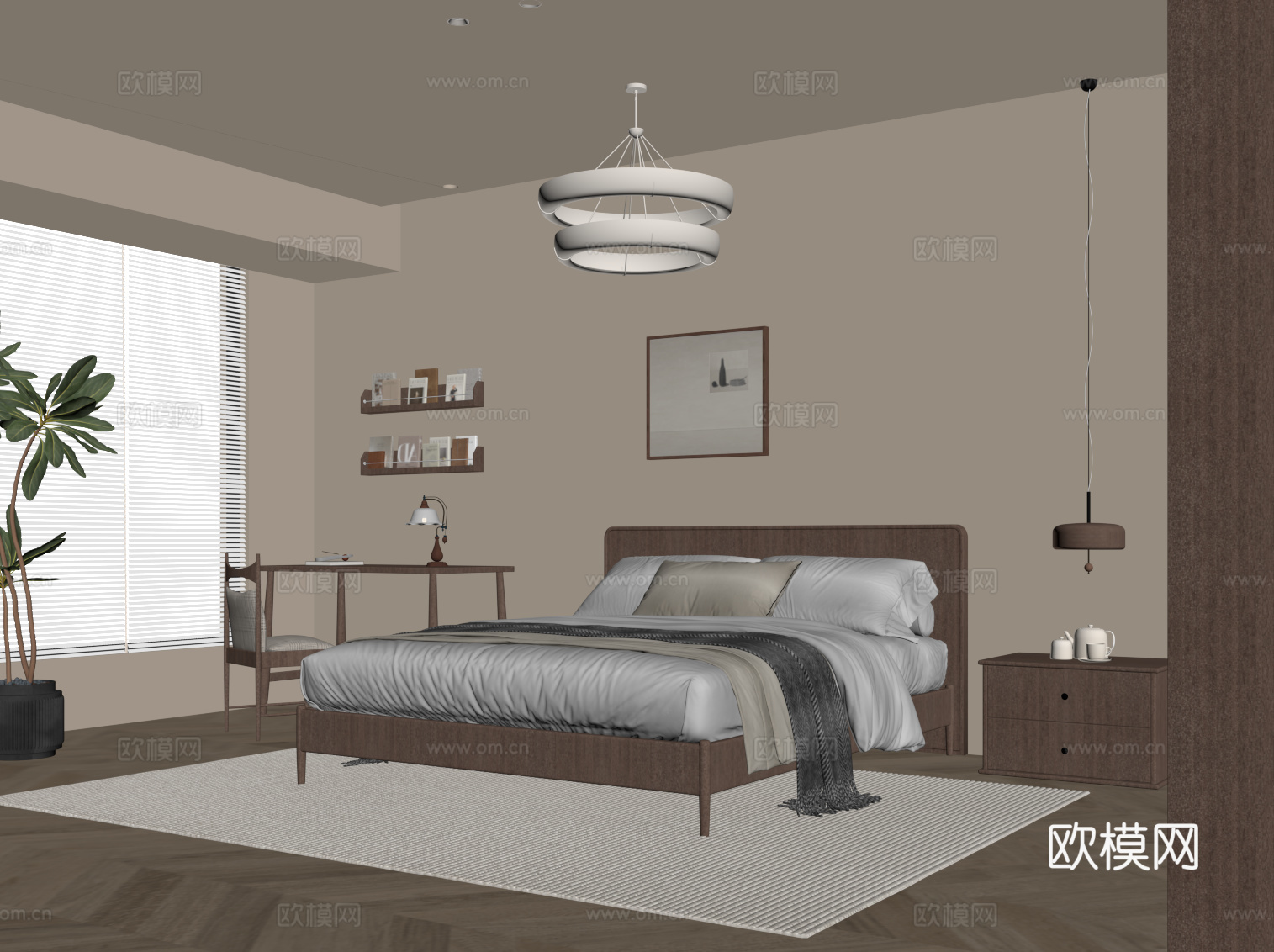 中古风卧室 双人床 床头柜su模型