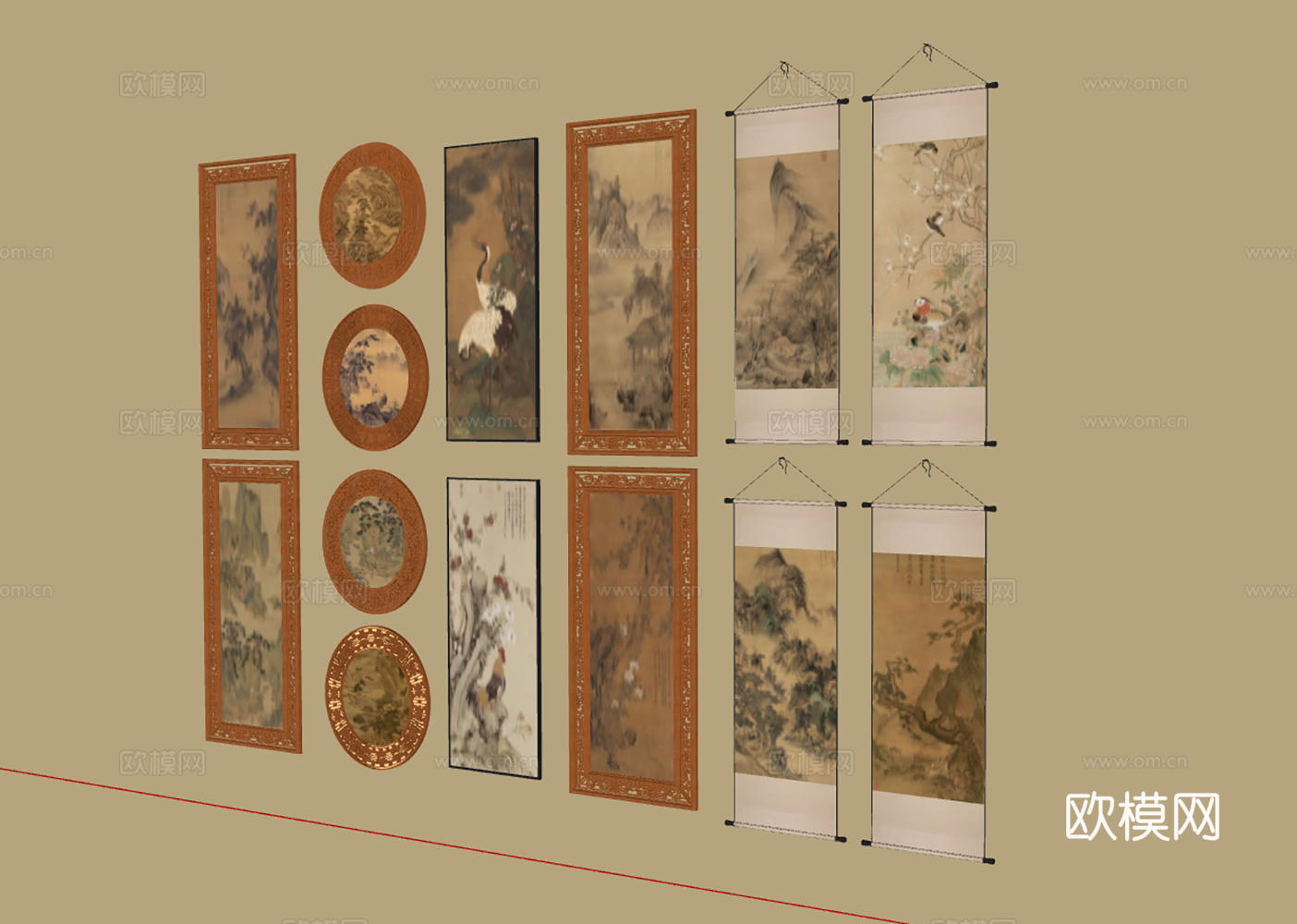 中式古典山水花鸟画合集su模型