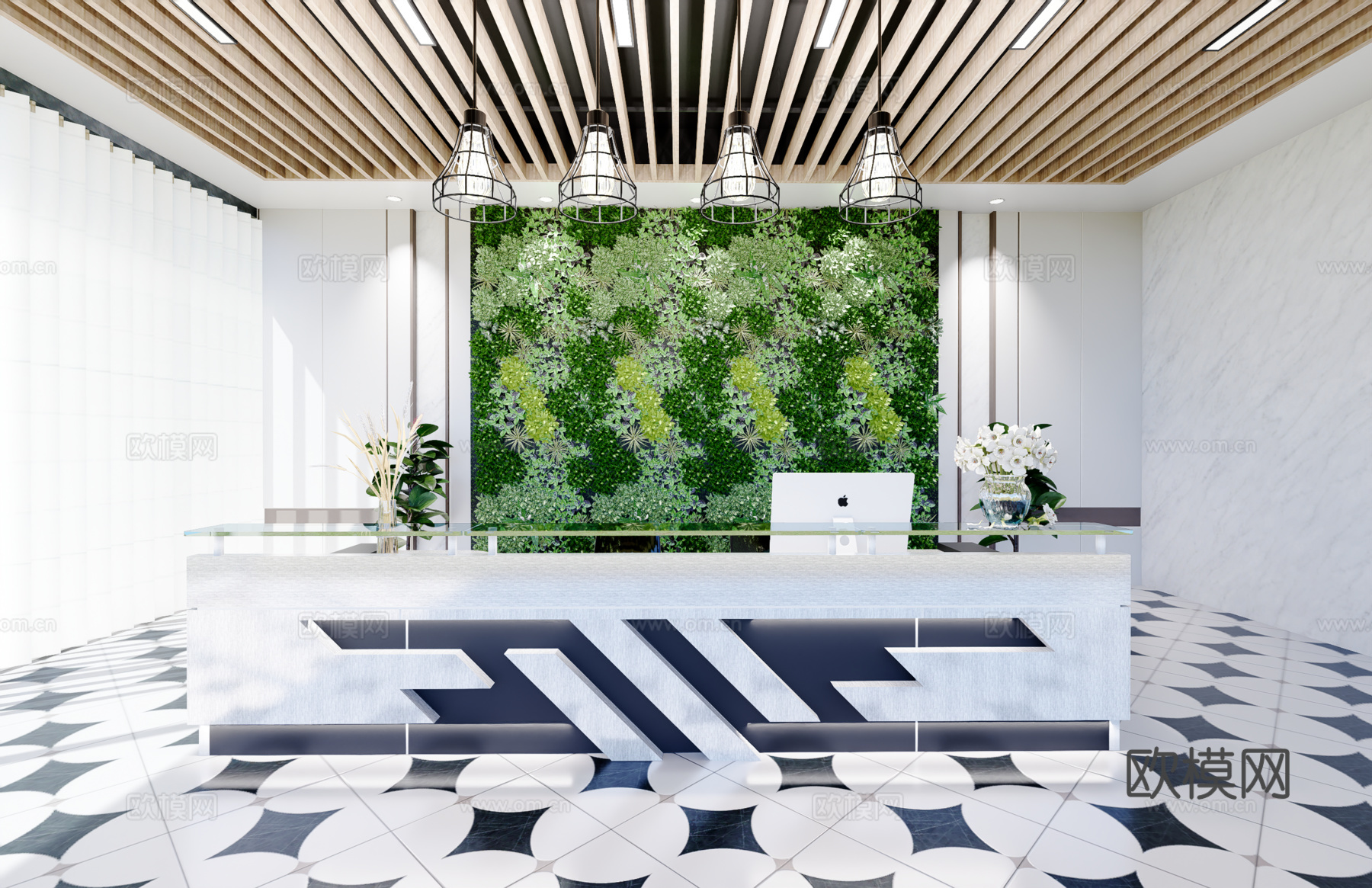 0040现代简约办公室前台接待台su模型下载（渲染图1）
