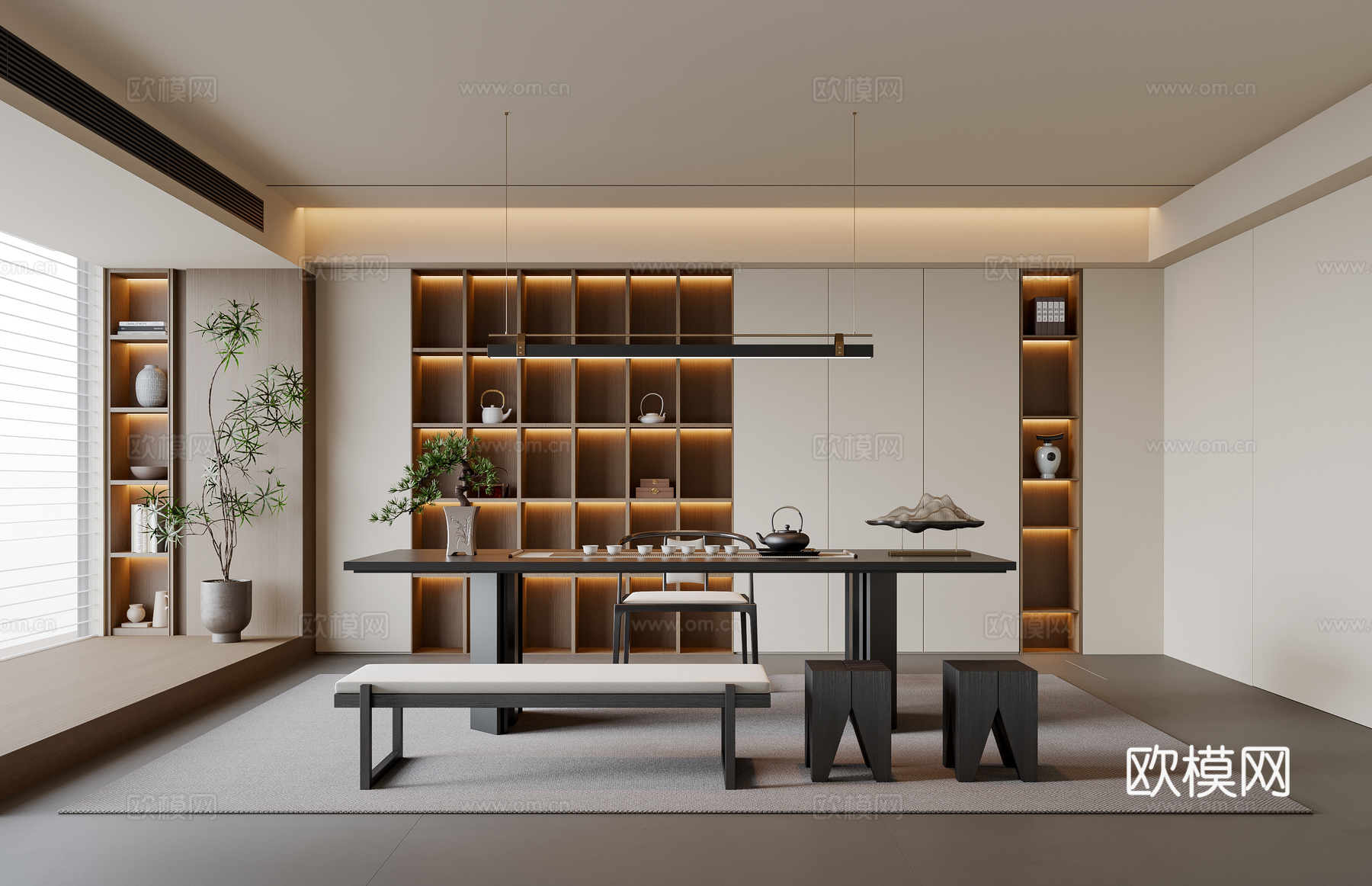 新中式茶室 茶桌椅 茶柜 吊灯 装饰柜 地毯su模型