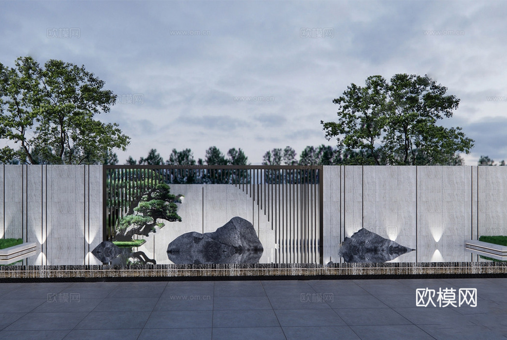 新中式景墙围墙 直线 入口景墙su模型