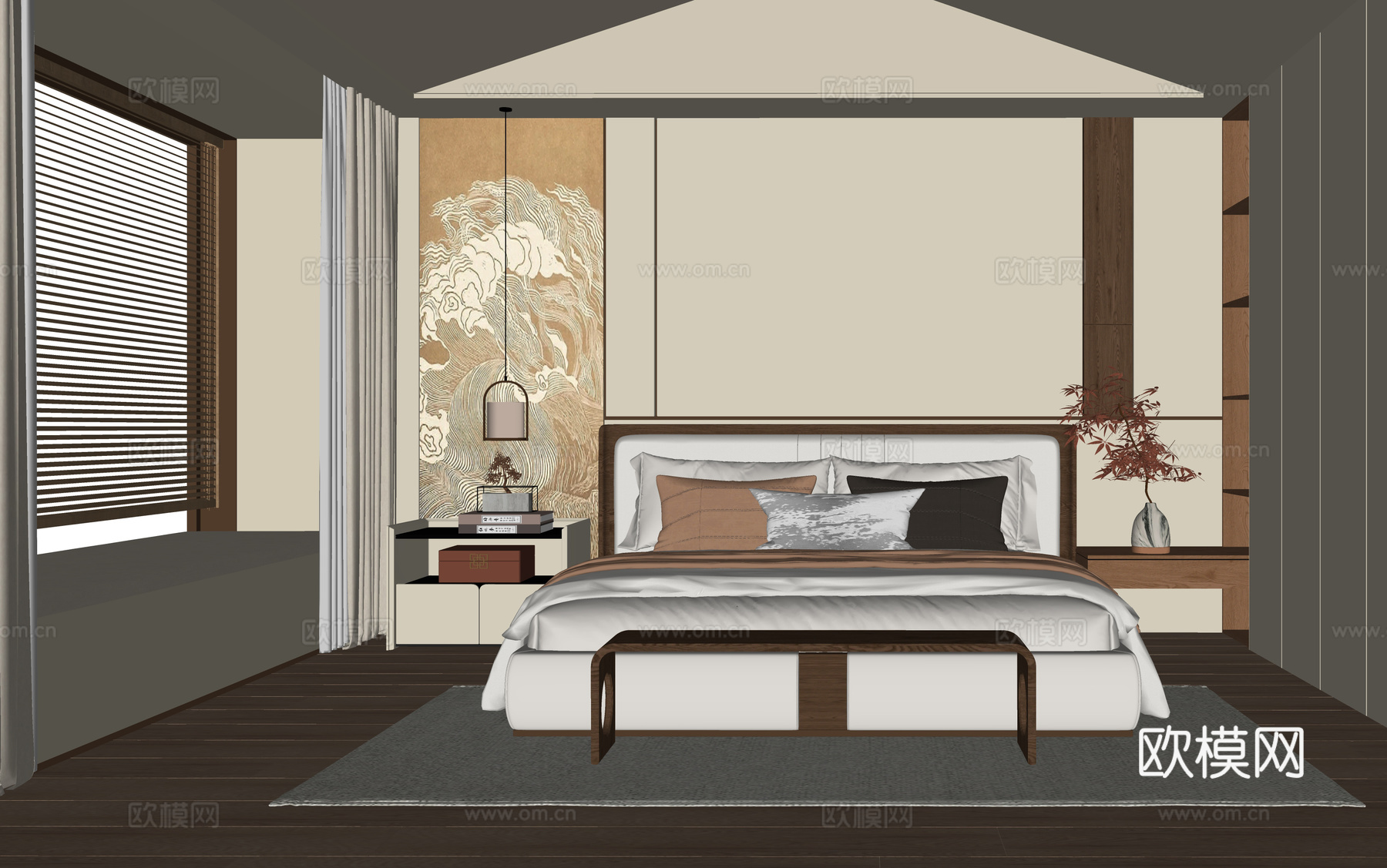 现代卧室 双人床 床头柜su模型