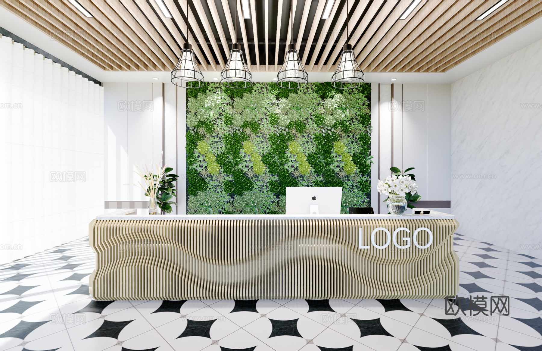 0041现代简约办公室前台接待台su模型下载（渲染图1）