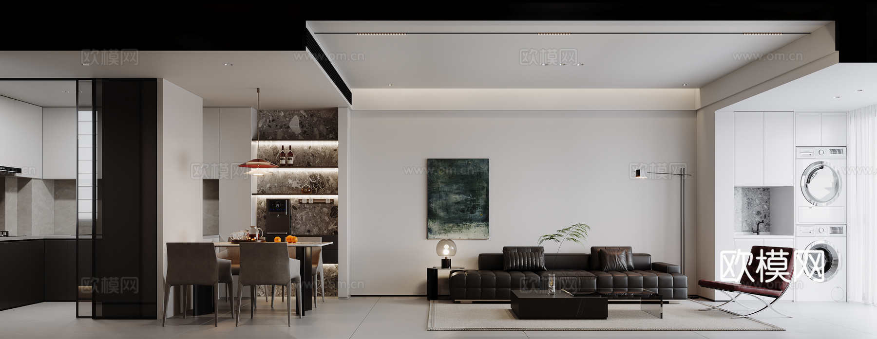 现代黑白灰客餐厅su模型