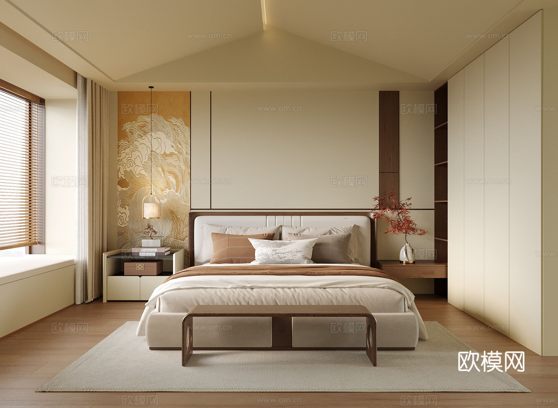 现代卧室 双人床 床头柜su模型