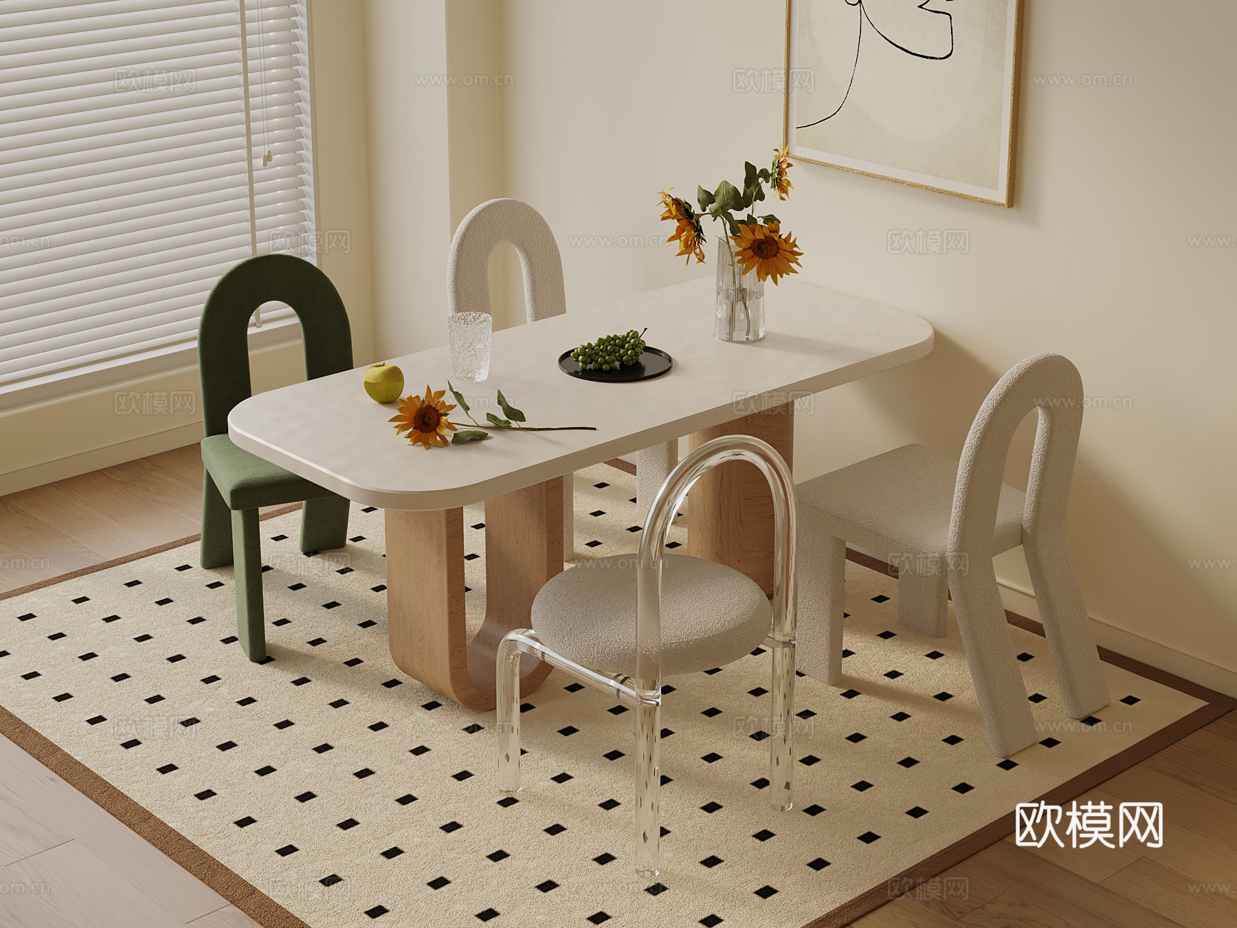 现代奶油风餐桌椅su模型