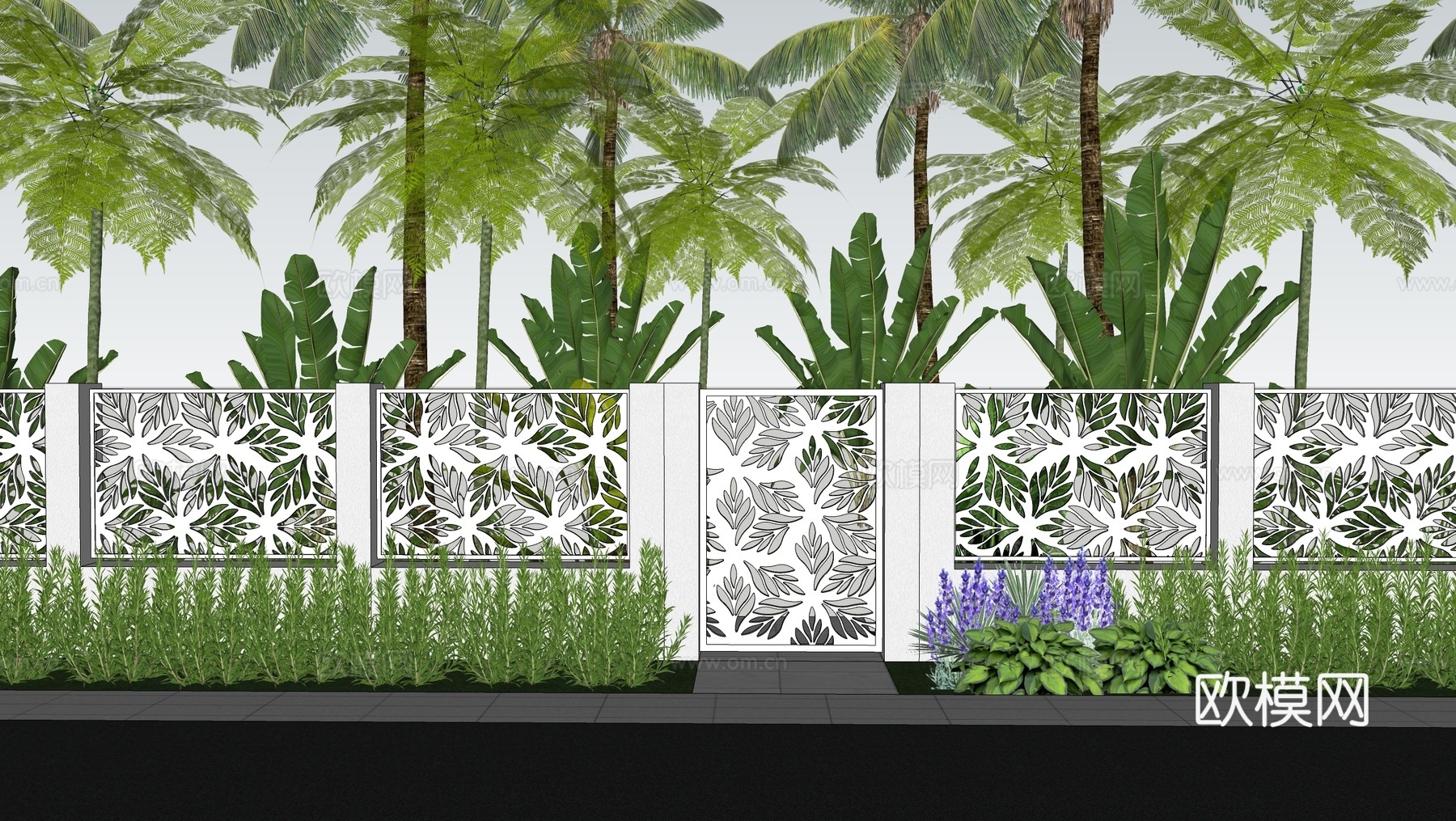 现代风格庭院围墙 铁艺镂空围墙su模型