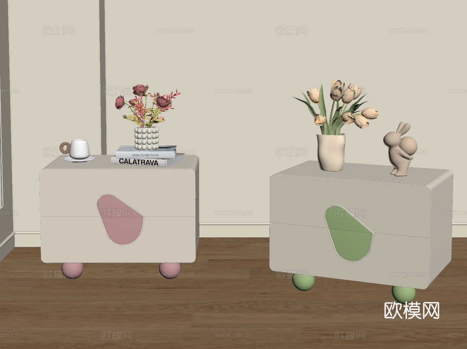 现代奶油风床头柜 儿童房床头柜su模型