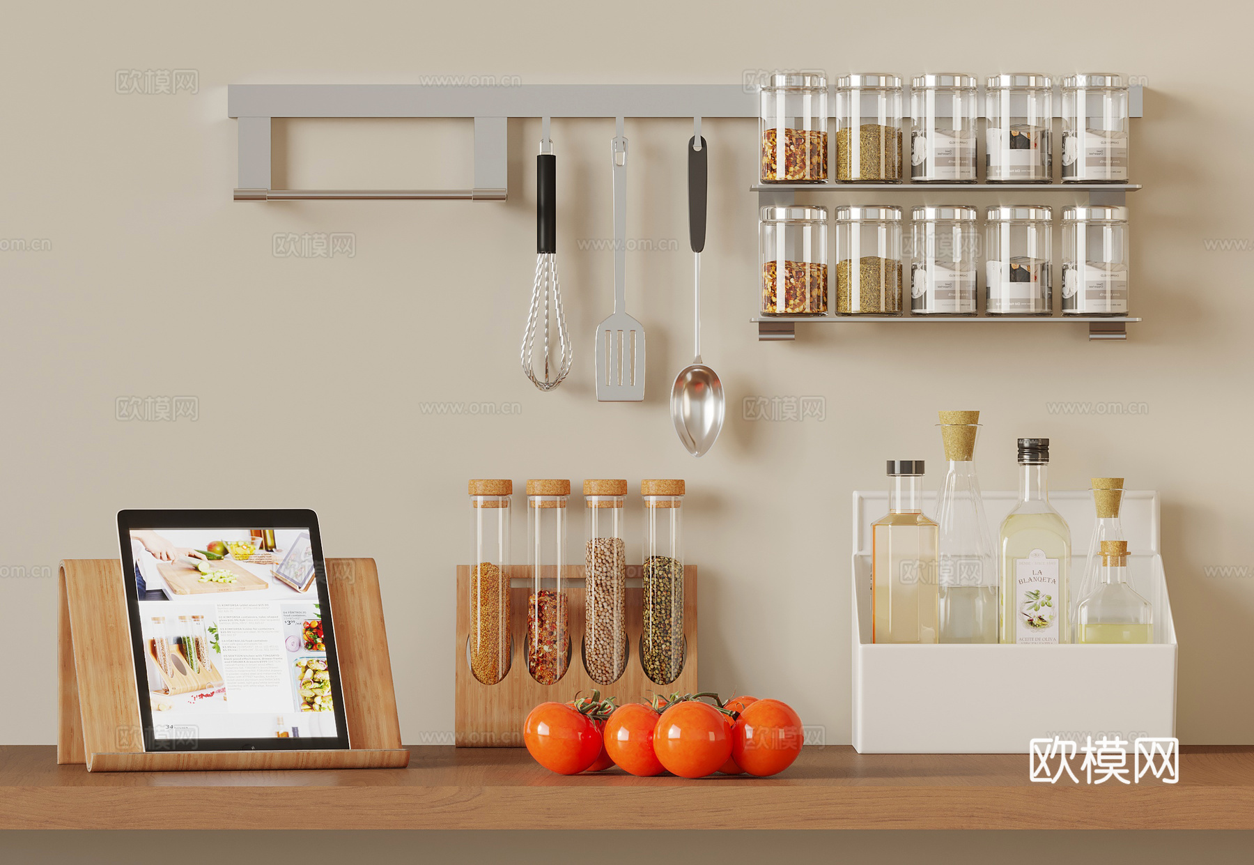 现代厨房摆件 厨具 调味料 置物架su模型