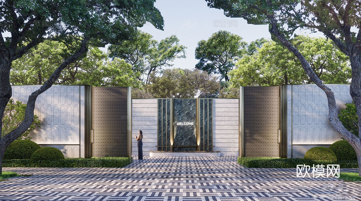 现代高端对景墙 小区景墙 入户景墙su模型