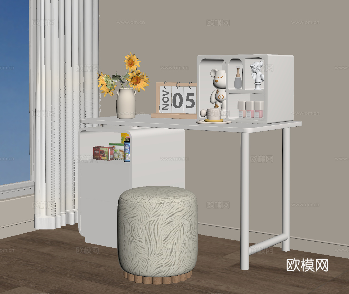 现代奶油风书桌 梳妆台su模型