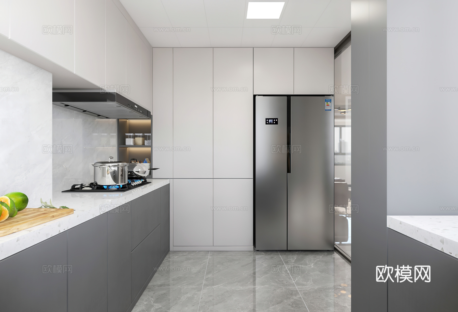 现代客餐厅 开放厨房 书房 电视墙 鞋柜3d模型下载（渲染图2）