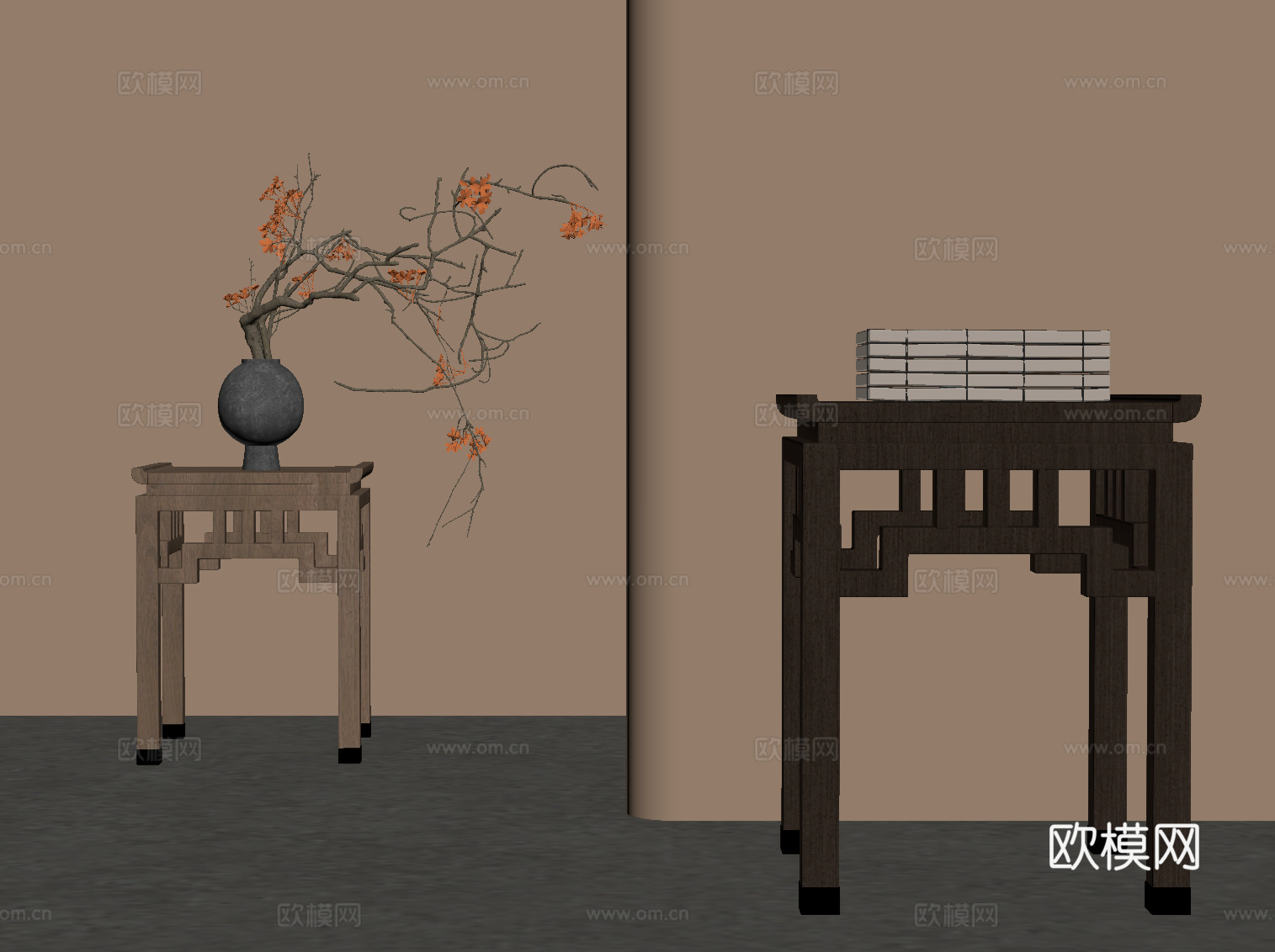 新中式边几 实木方几su模型