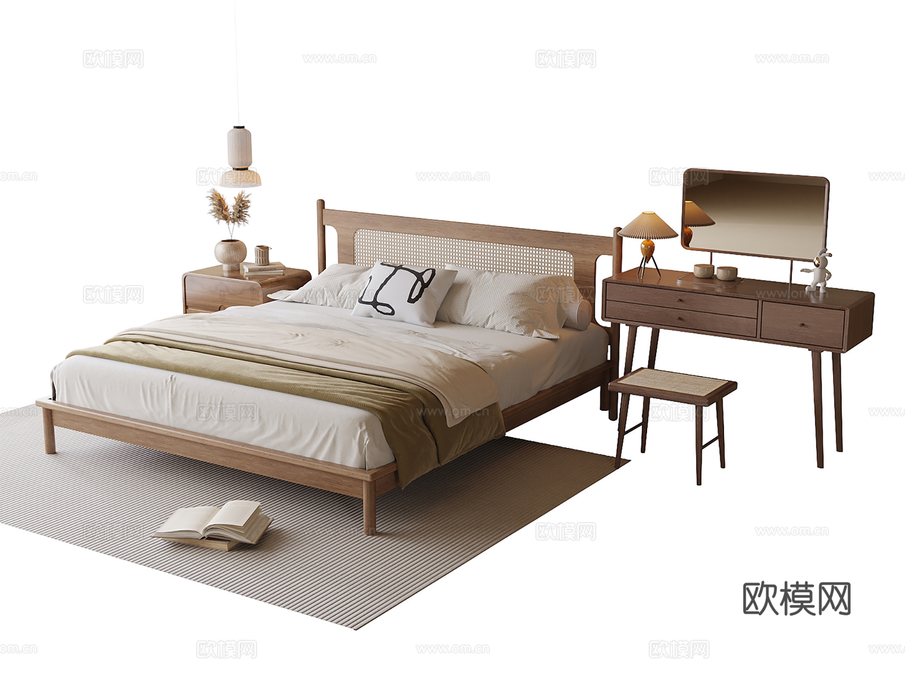 现代双人床 梳妆台 床头柜su模型