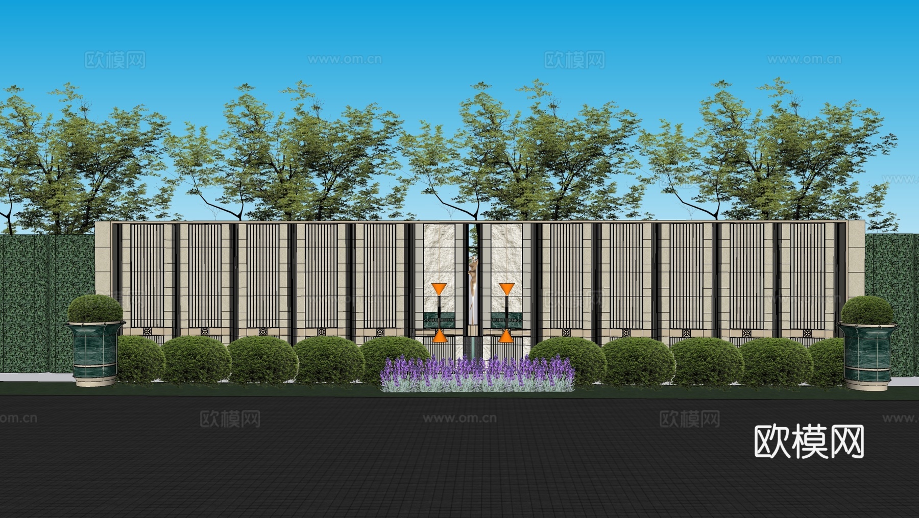 现代对景景墙 大区景墙 入口景墙su模型