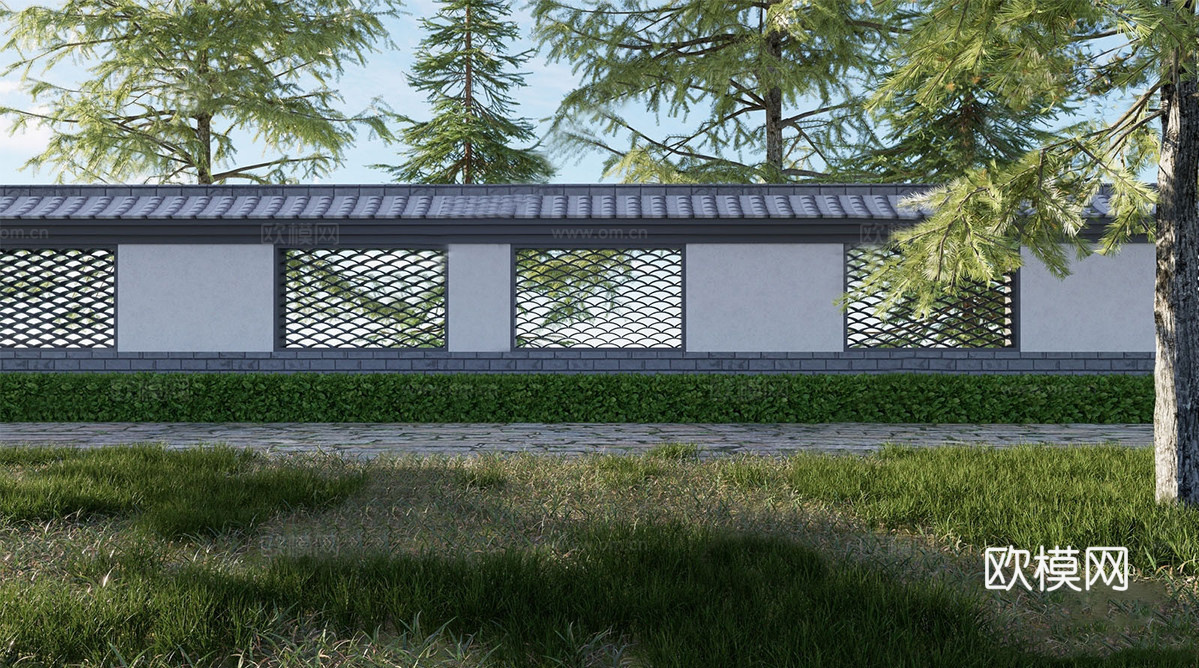 中式瓦片景墙 户外围墙su模型