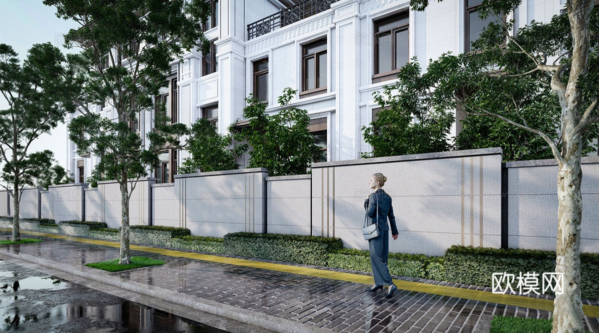 现代别墅建筑 联排别墅 景墙围墙su模型