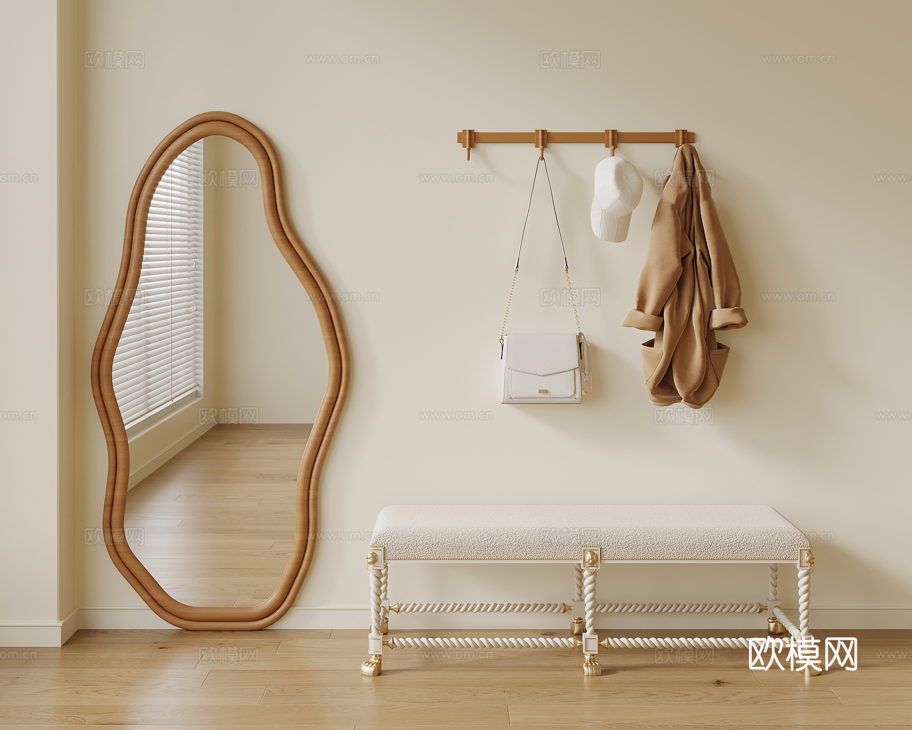 现代玄关 换鞋凳 落地镜 挂衣钩su模型