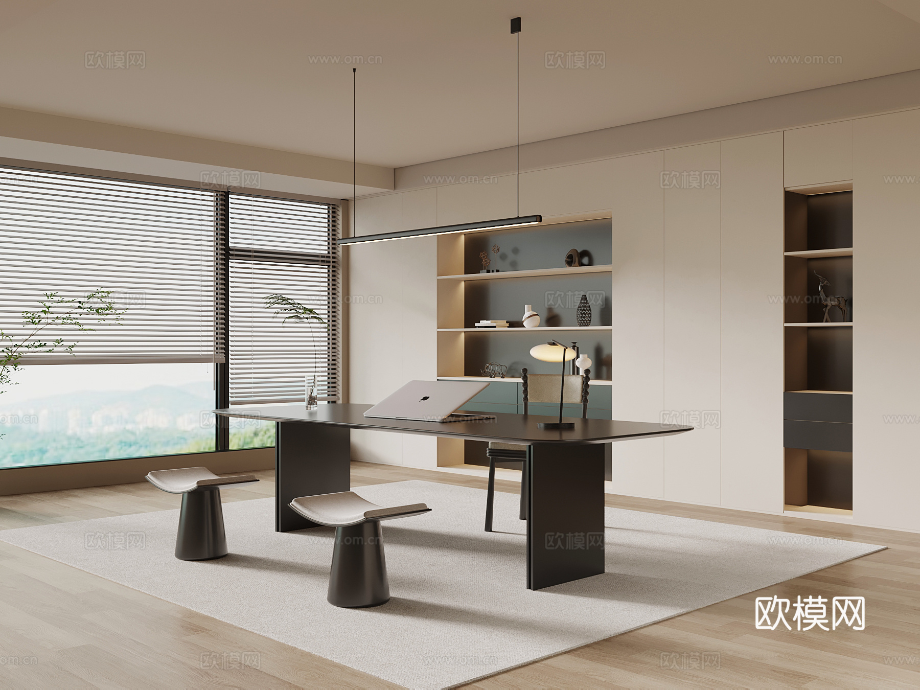 现代书房 书桌椅 书柜su模型