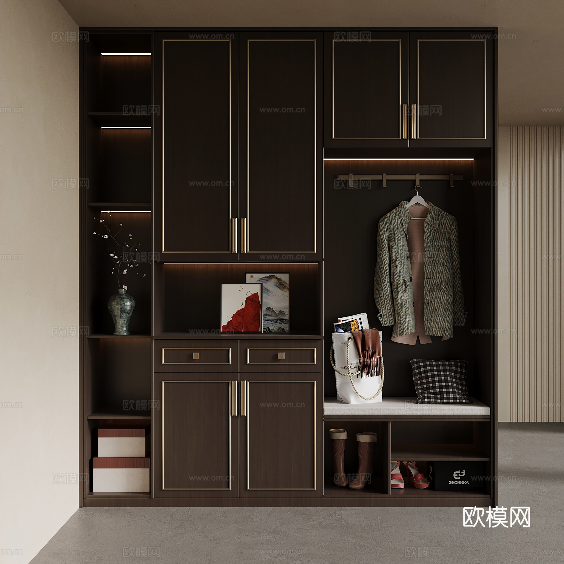 新中式鞋柜 入户实木玄关柜su模型