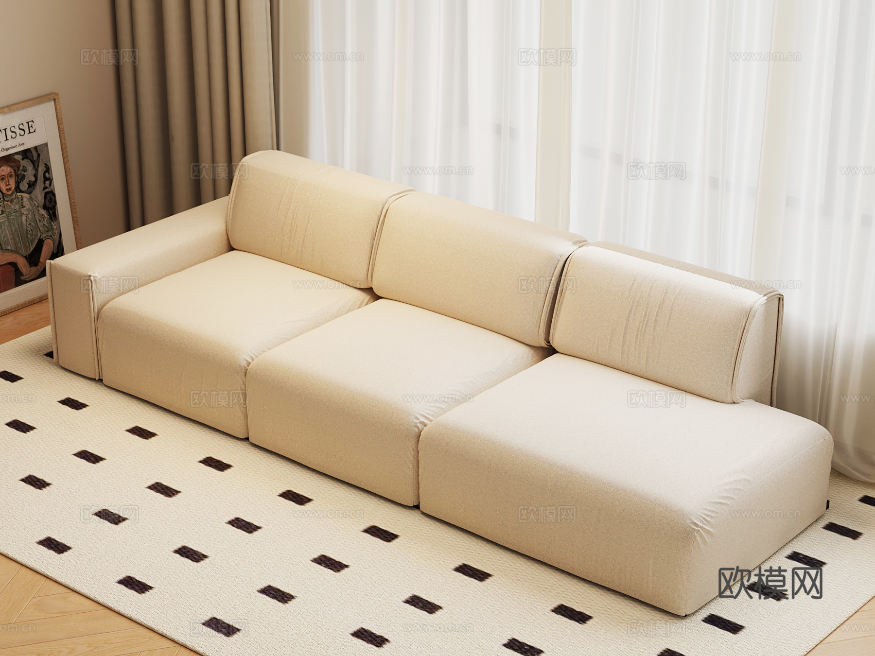 现代奶油风沙发 多人沙发su模型