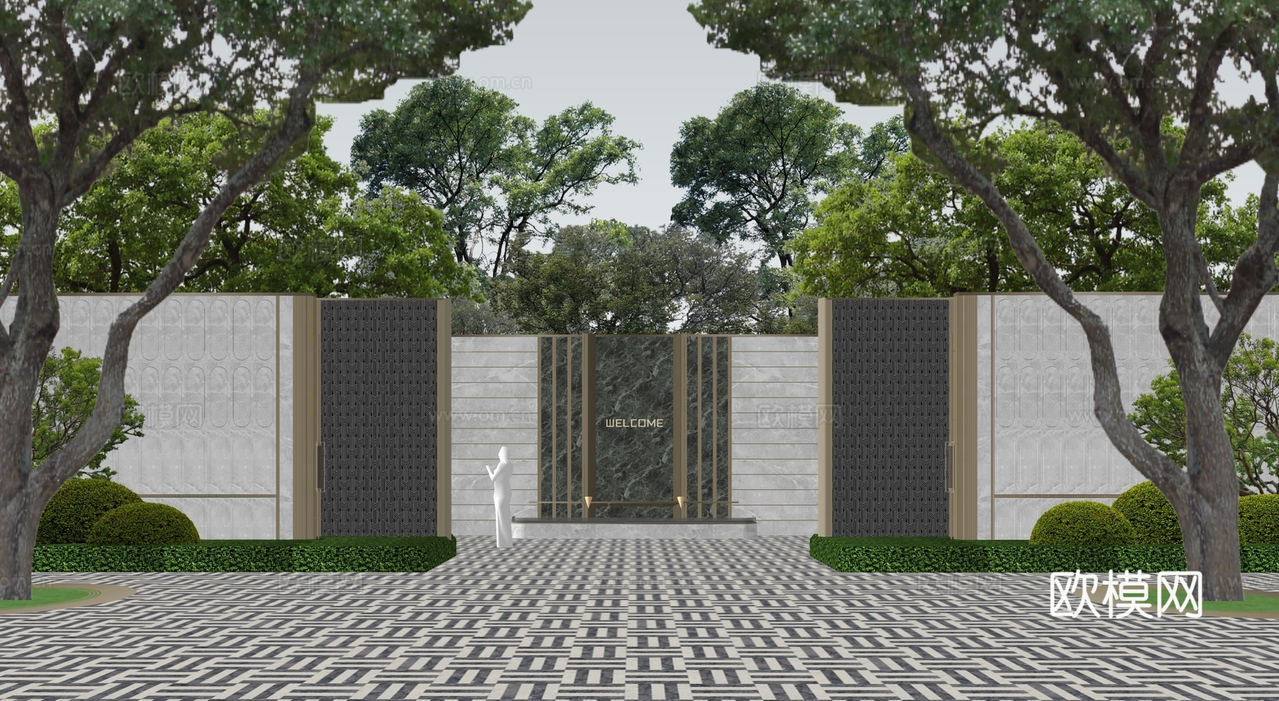 现代高端对景墙 小区景墙 入户景墙su模型