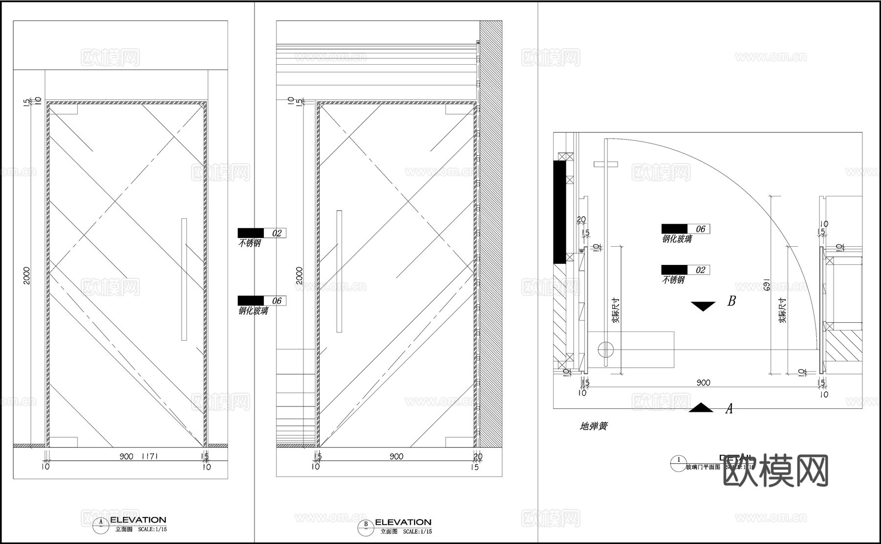 钢化玻璃门  单开玻璃门 办公室玻璃门 门节点cad施工图