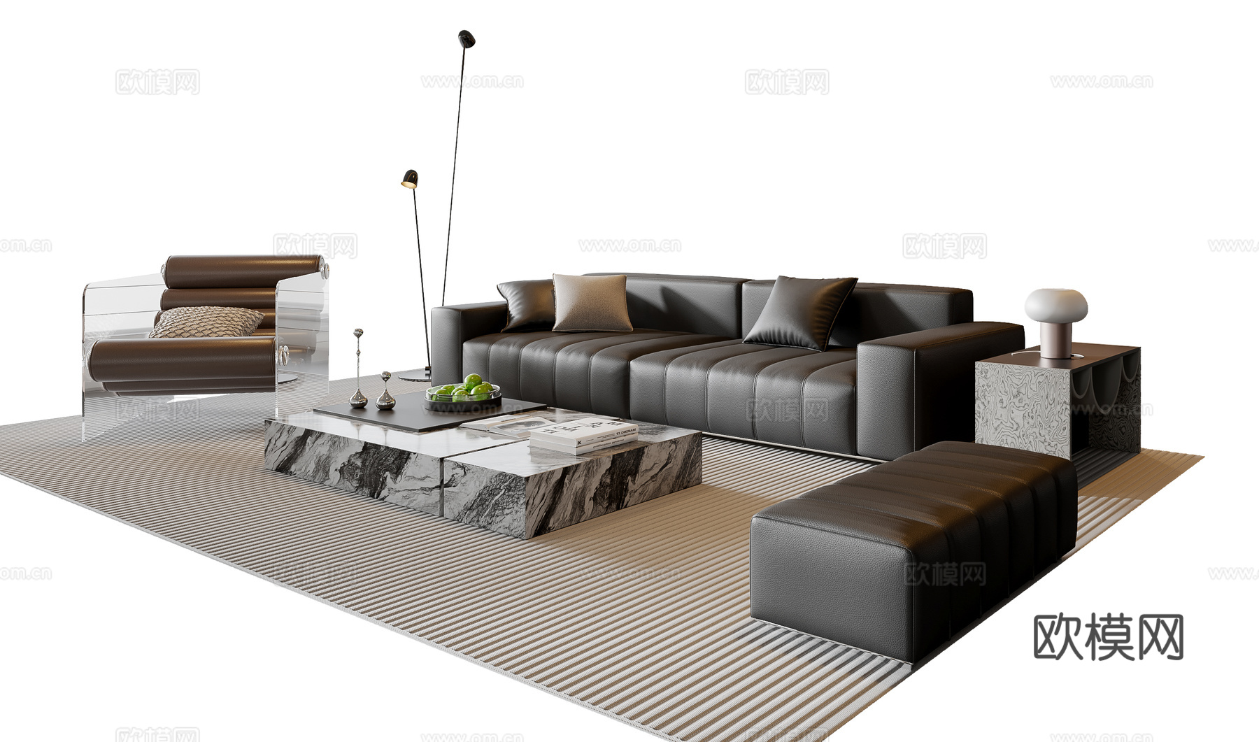 现代意式沙发茶几组合 多人沙发 皮质沙发 休闲椅 地毯su模型