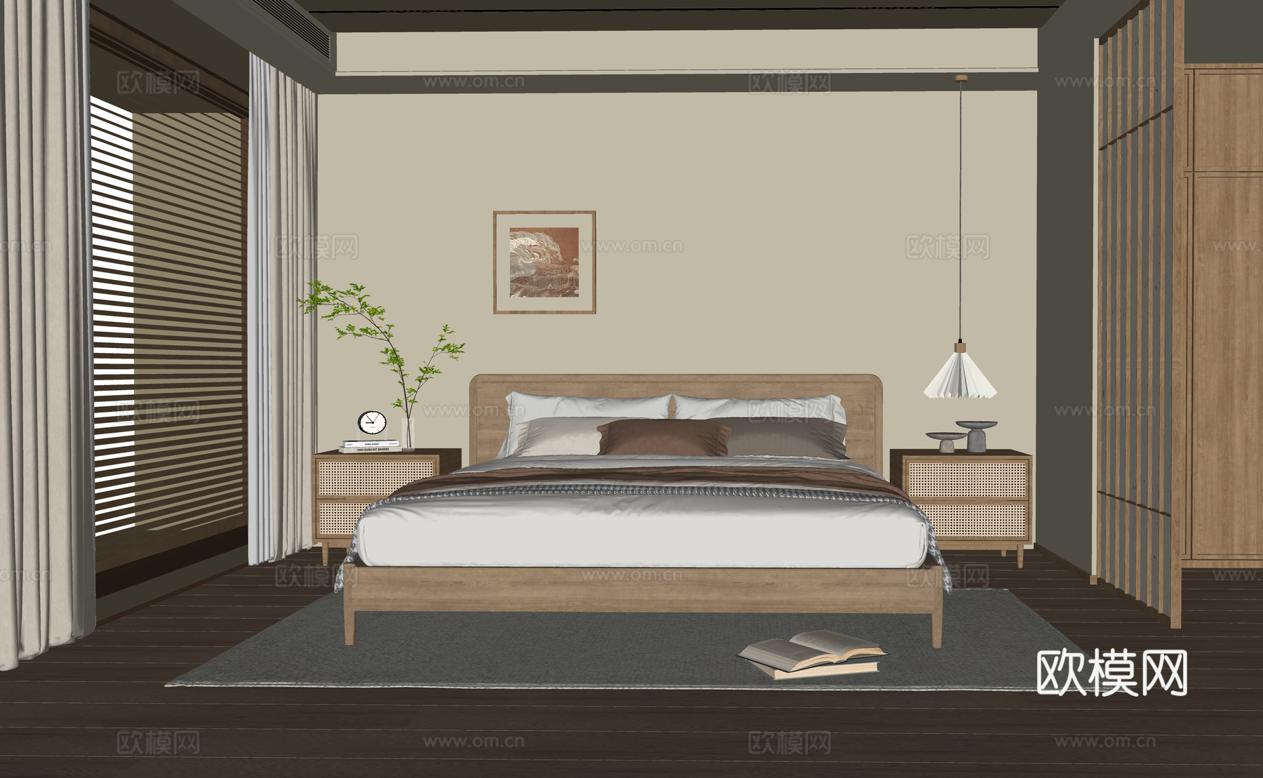 现代卧室 双人床 床头柜su模型