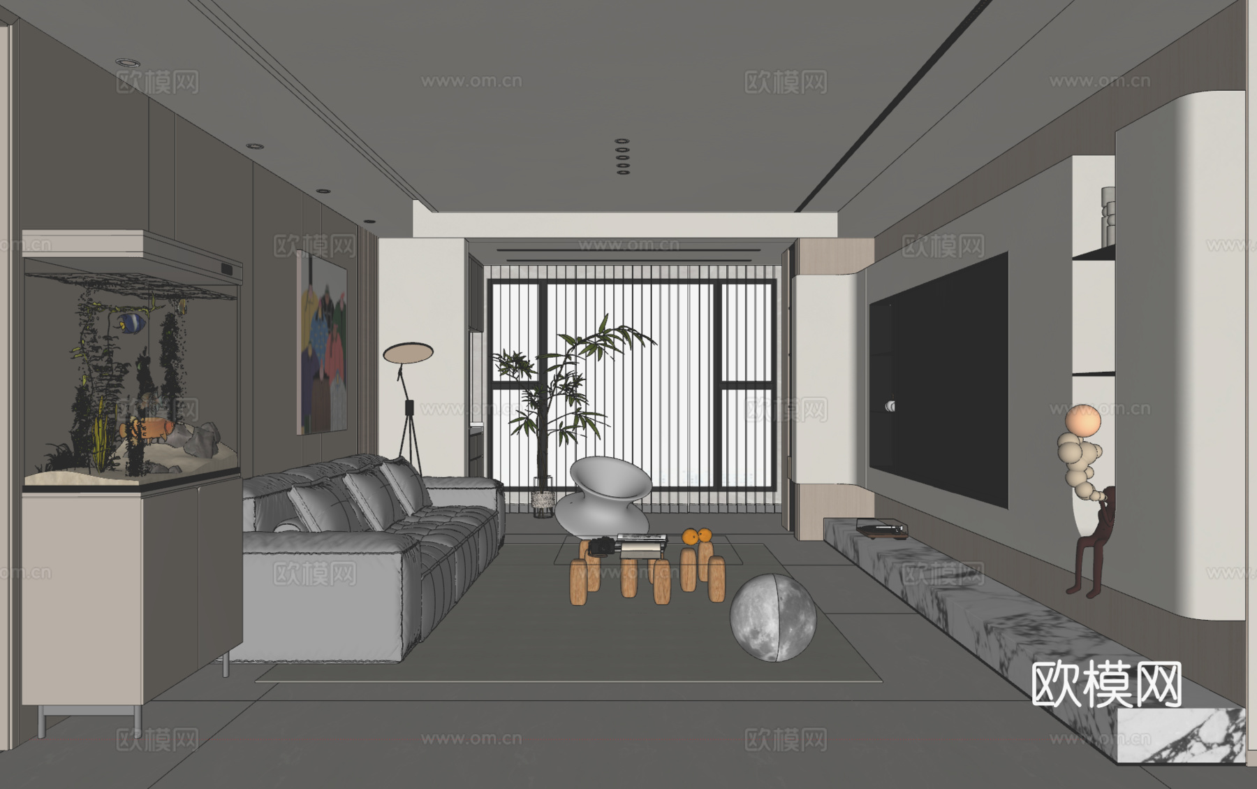 意式极简多巴胺无主灯客厅su模型