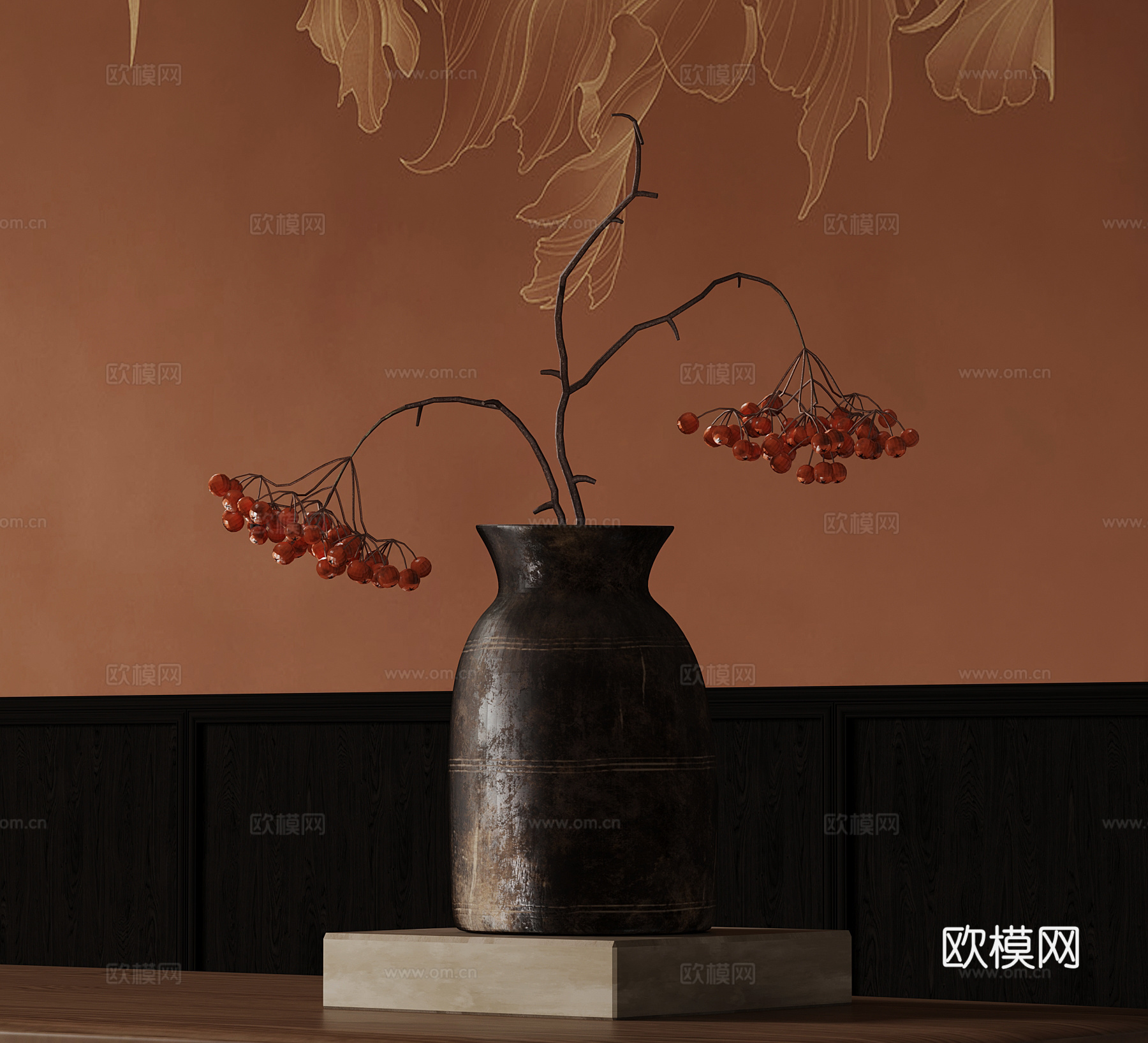 新中式花瓶 枯枝摆件su模型