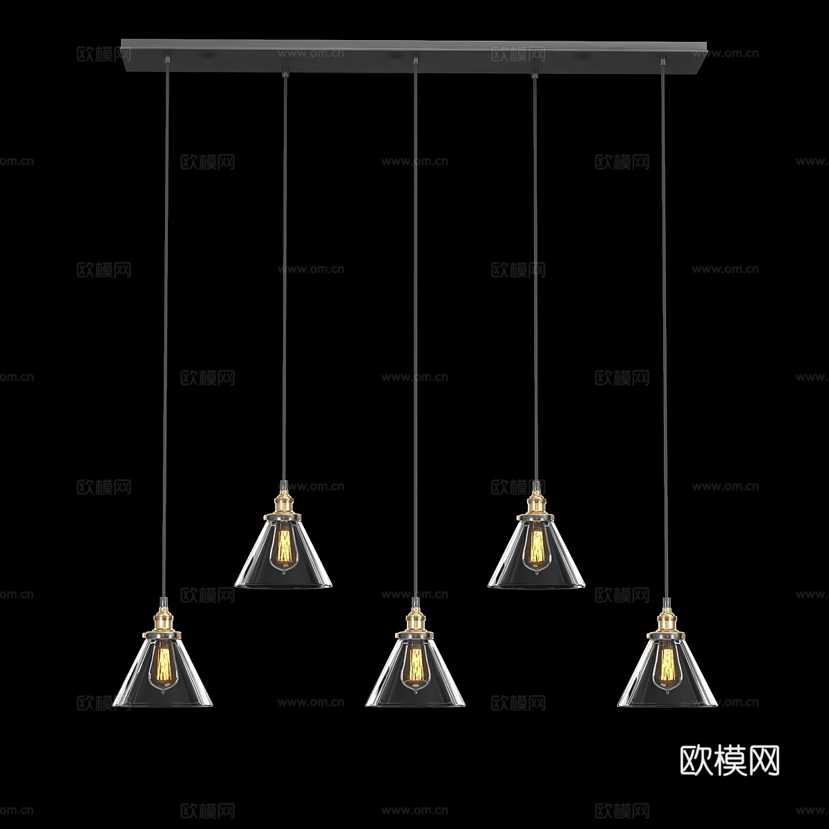 20世纪工厂灯丝透明玻璃漏斗矩形吊灯3d模型下载