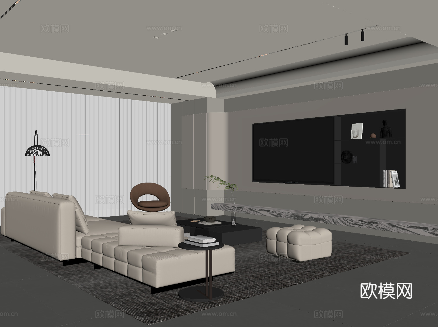 现代客厅 沙发茶几组合 电视背景墙su模型