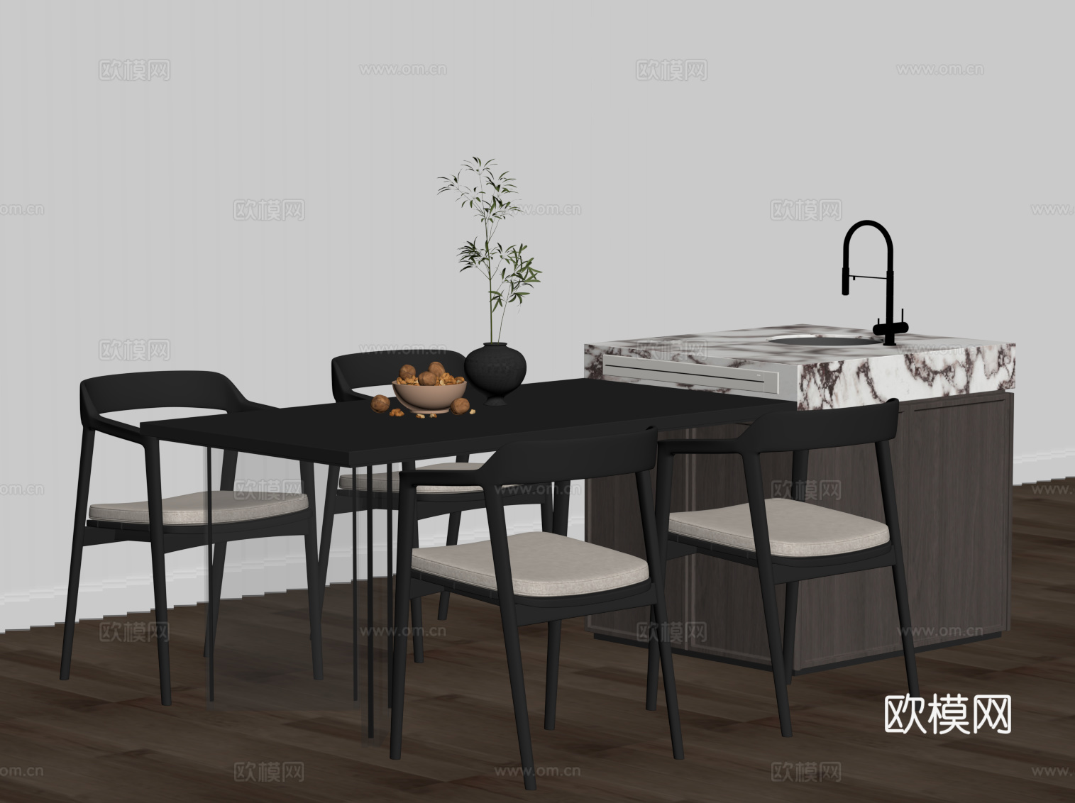 现代意式岛台 开放式餐桌椅su模型