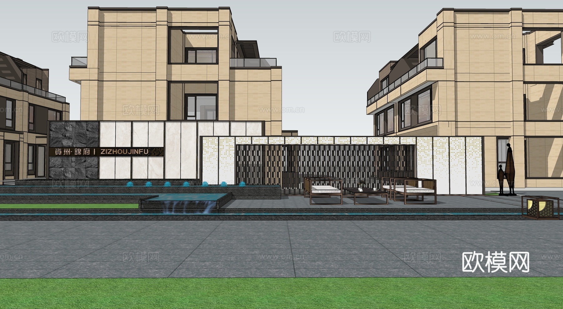 现代景墙 直线 入口景墙su模型