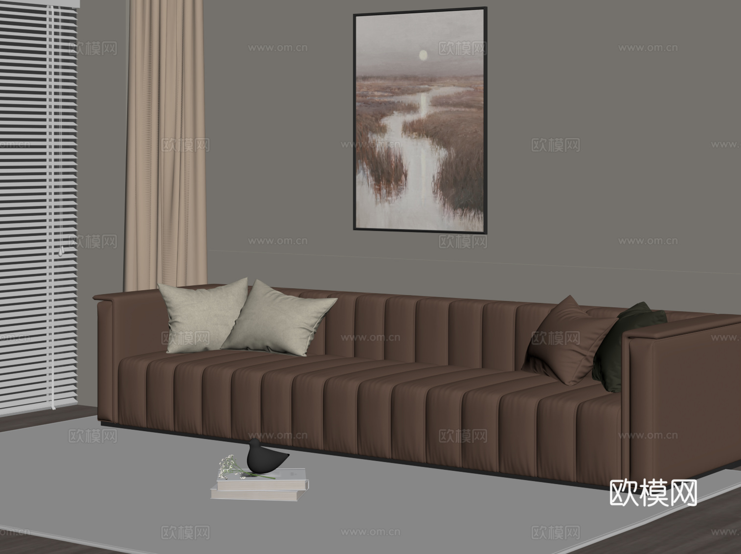 现代多人沙发 皮革休闲沙发su模型