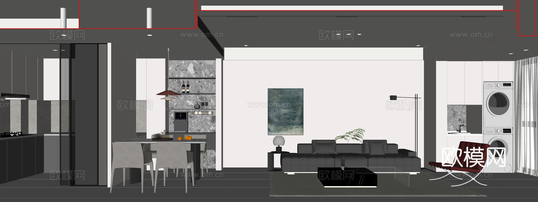 现代黑白灰客餐厅su模型