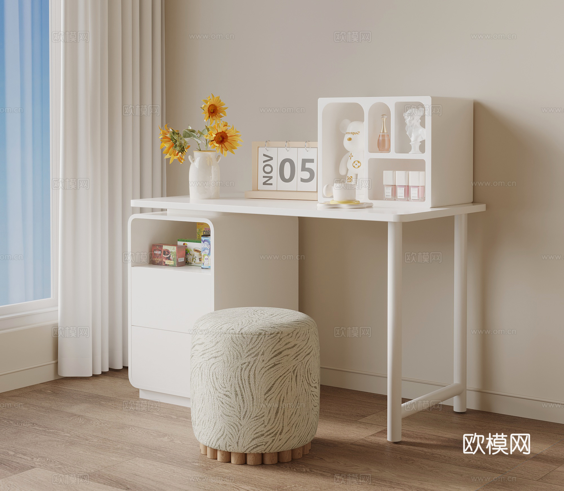 现代奶油风书桌 梳妆台su模型