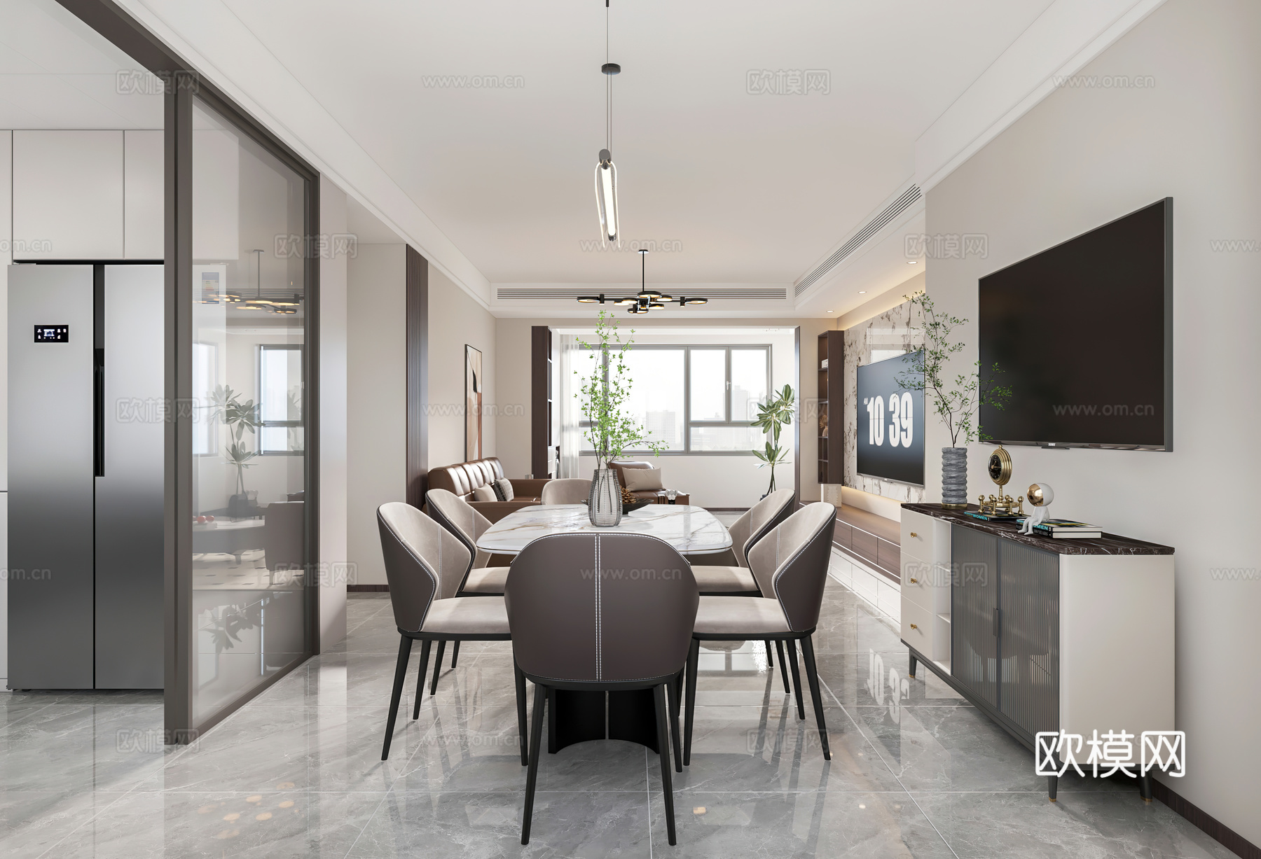 现代客餐厅 开放厨房 书房 电视墙 鞋柜3d模型下载（渲染图3）