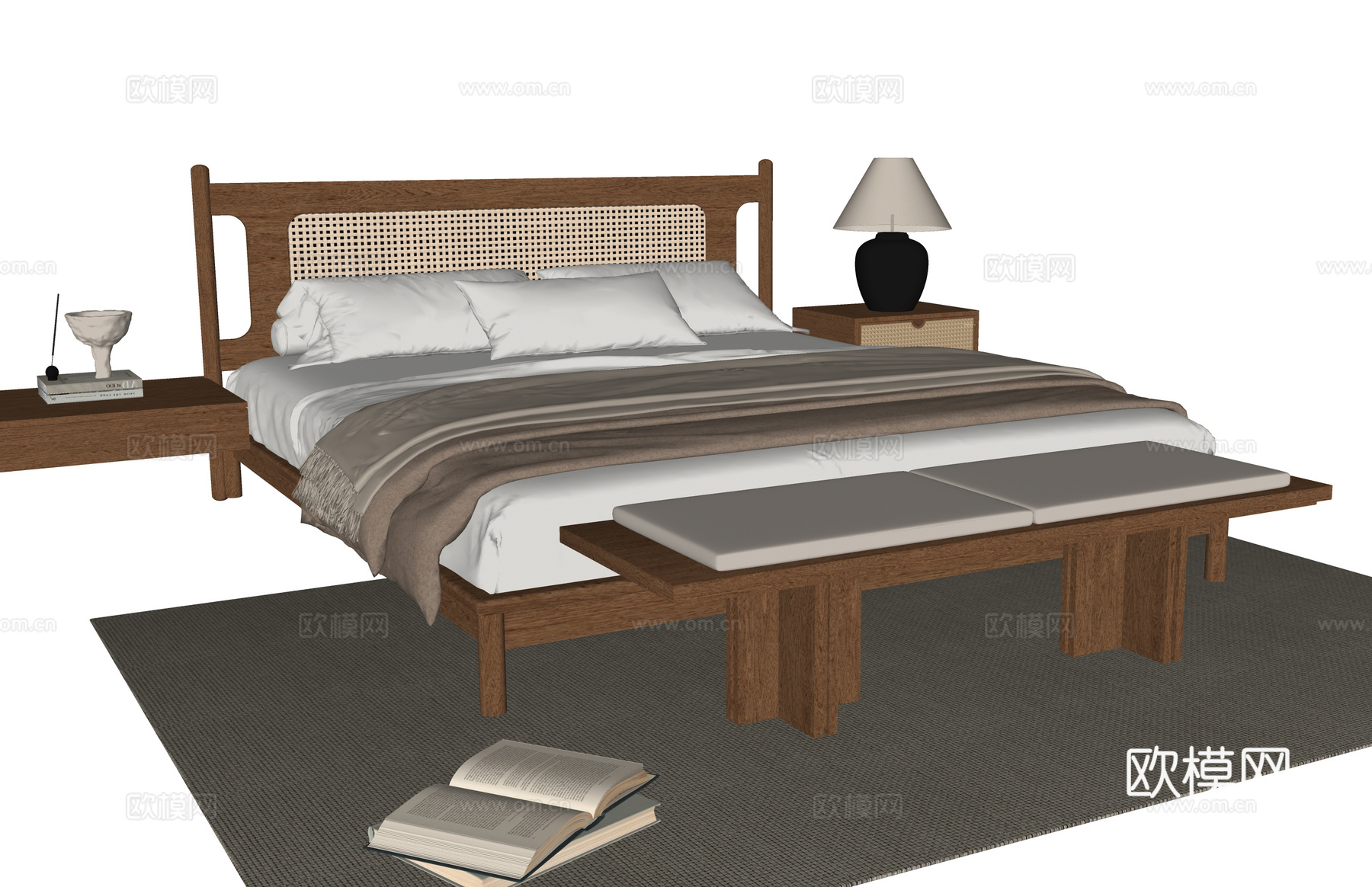 现代双人床 床尾凳 床头柜su模型