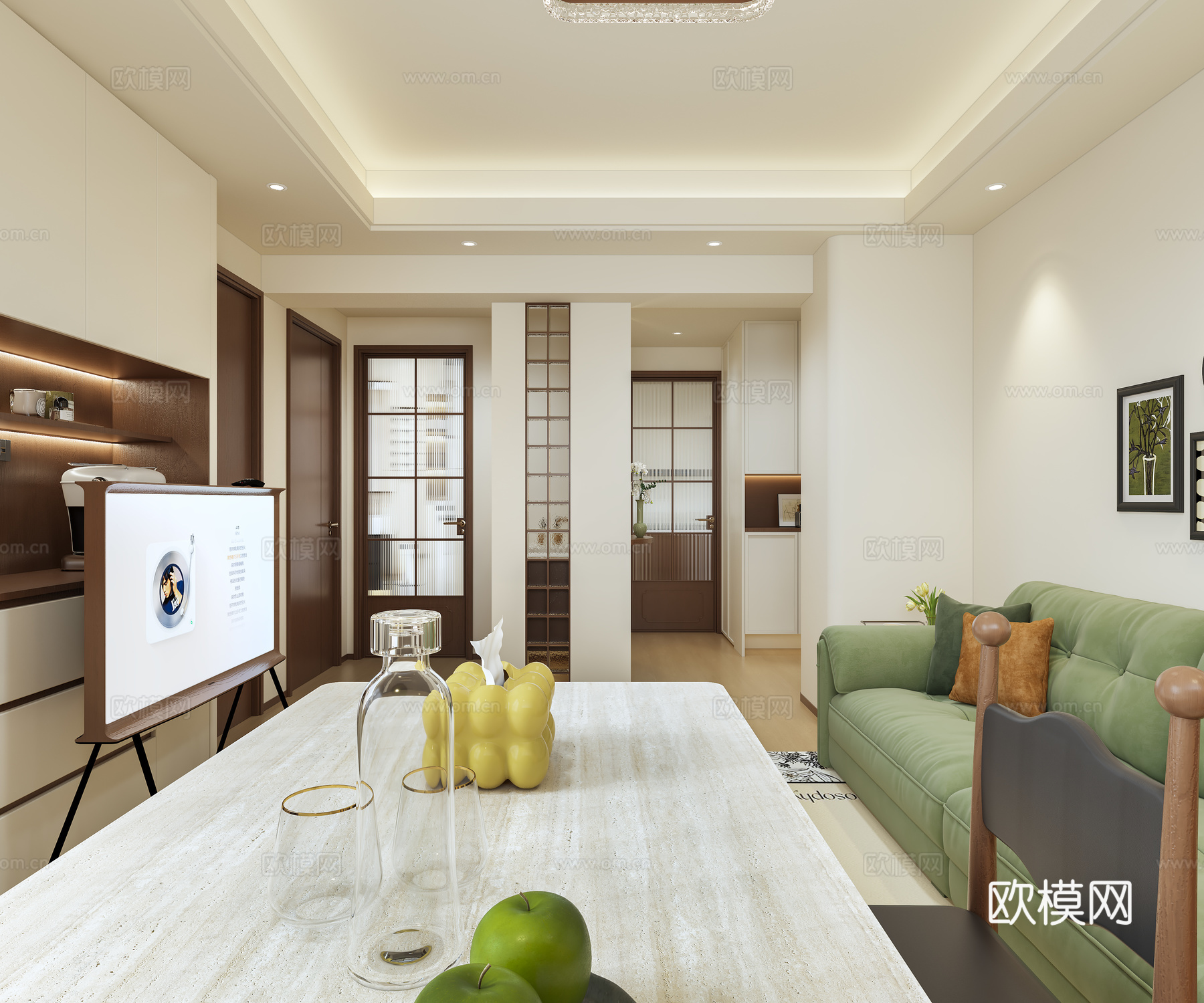 奶油风复古客餐厅   法式复古客餐厅    奶油复古玄关3d模型下载（渲染图2）