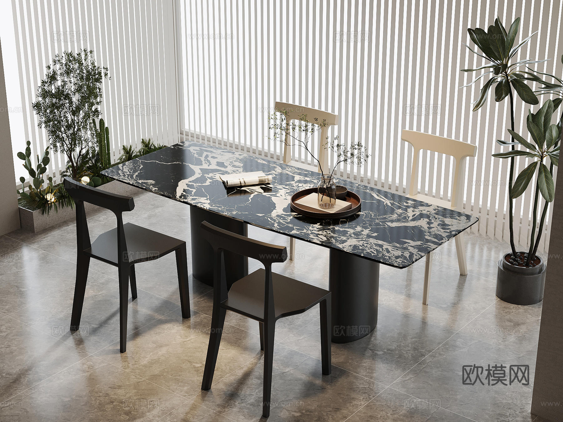 现代意式餐桌椅su模型