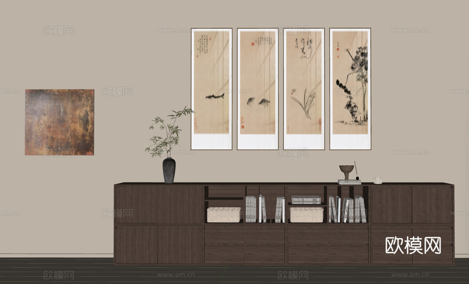 现代中式风格客厅储物柜与挂画组合3D模型su模型