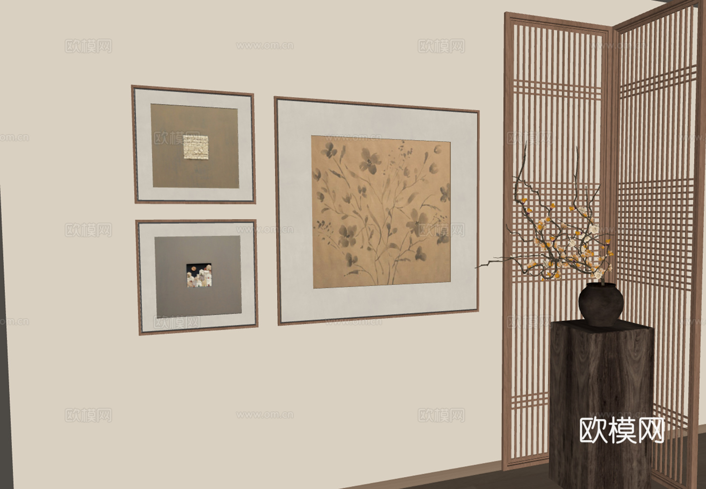 传统挂画与屏风的艺术陈列su模型